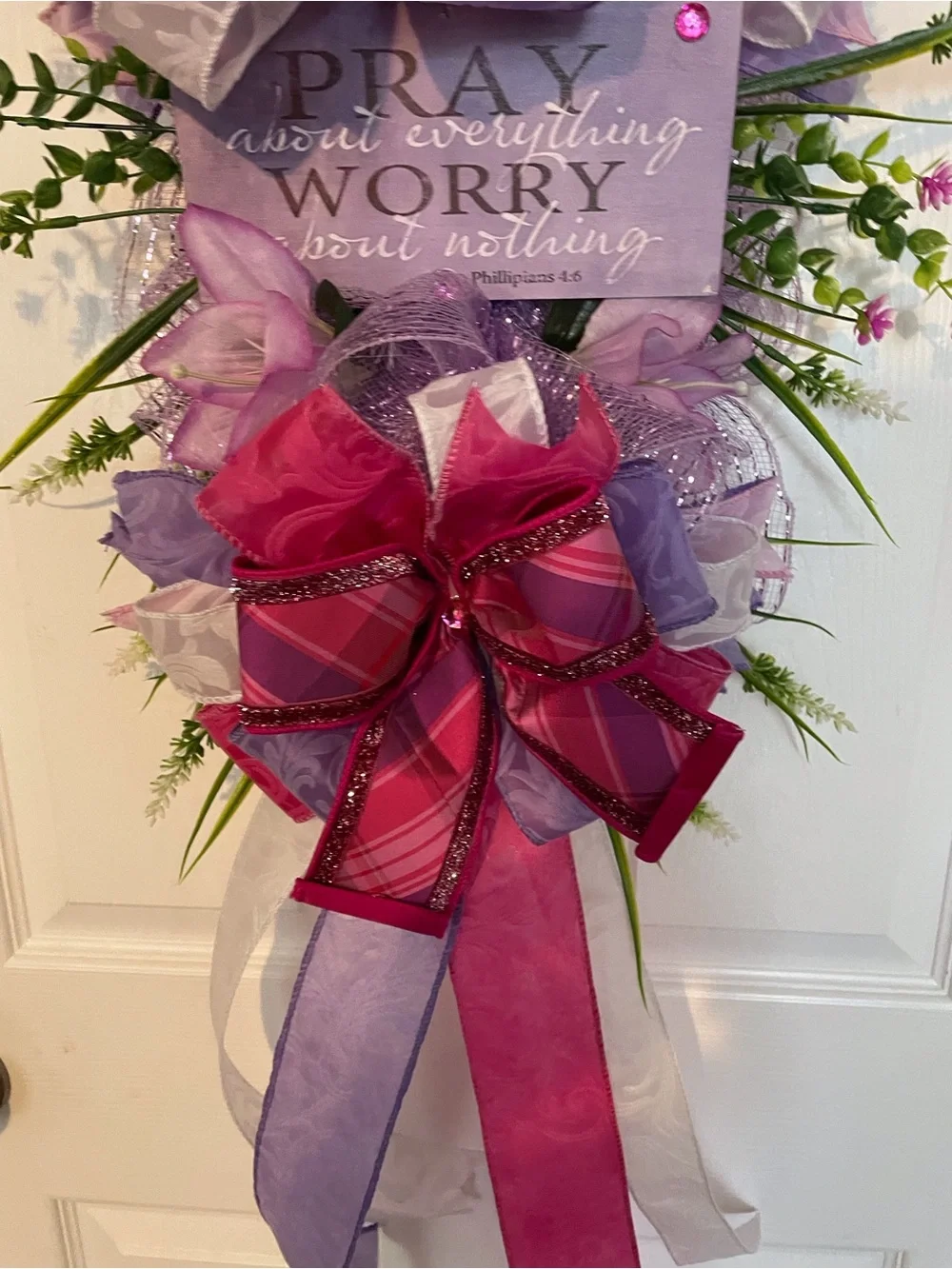 Home Holiday Pink & Purple Ribbon Door Swag with Floral Accents